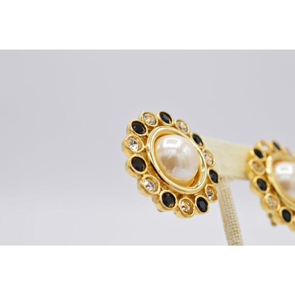 Givenchy Vintage Crystal Clip On Earrings Black Gold Pearl Chunky Signed 80s 9C - Picture 7 of 12